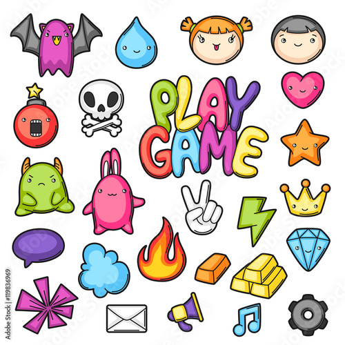 Game kawaii collection. Cute gaming design elements, objects and symbols