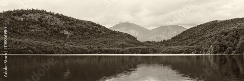 lake and mountains, black and white photo