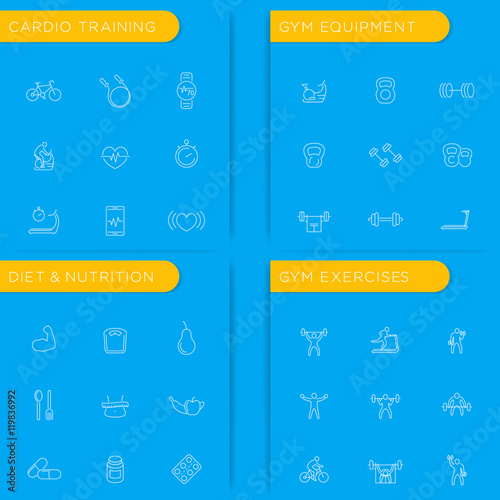 Fitness, Bodybuilding, Gym equipment, Diet, Nutrition, Cardio training, Workout, 36 line icons pack, vector illustration