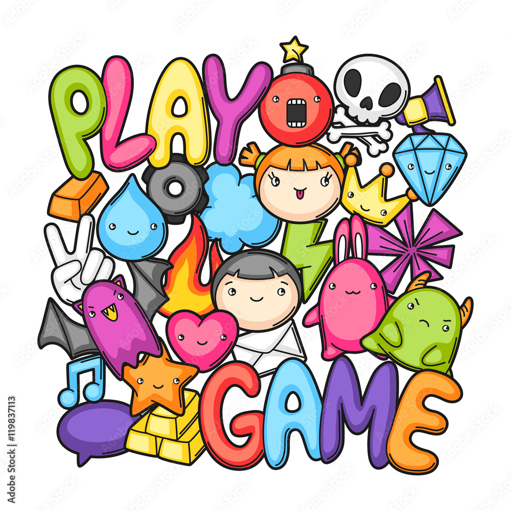 Game kawaii print. Cute gaming design elements, objects and symbols Game kawaii print. Cute gaming design elements, objects and symbols