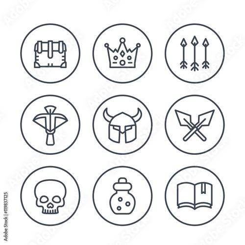 Game line icons in circles set 2, RPG, arrows, crown, potion, crossbow, chest, medieval, fantasy, vector illustration