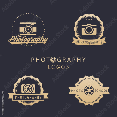 photography logos, photo school, photographer emblems, retro camera, aperture, gold on dark, vector illustration