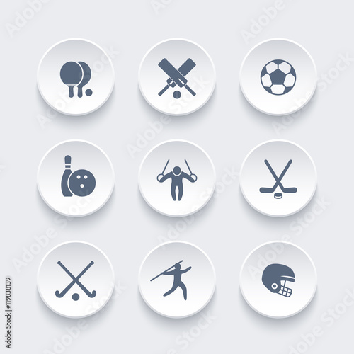 sport, games, competition icons, ping-pong, football, cricket, soccer, hockey, bowling, artistic gymnastics, vector illustration