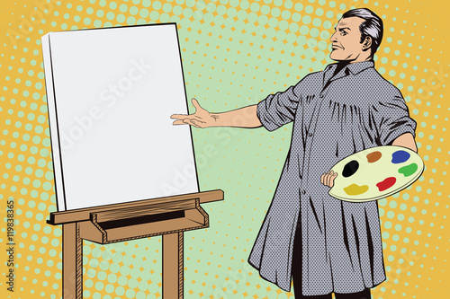 Artist shows off his painting.