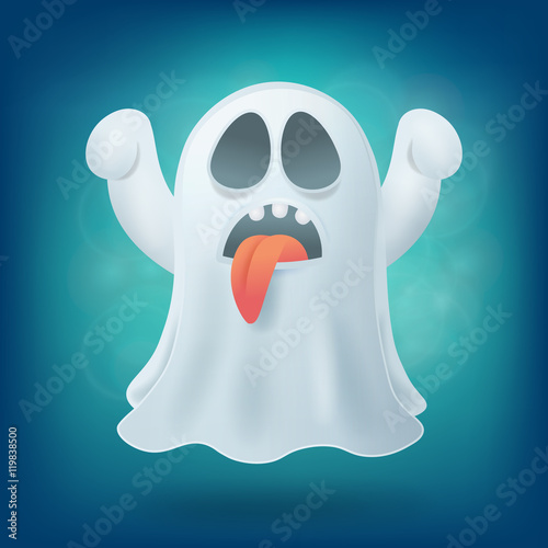cartoon ghost with tongue on blue background. Halloween party design element