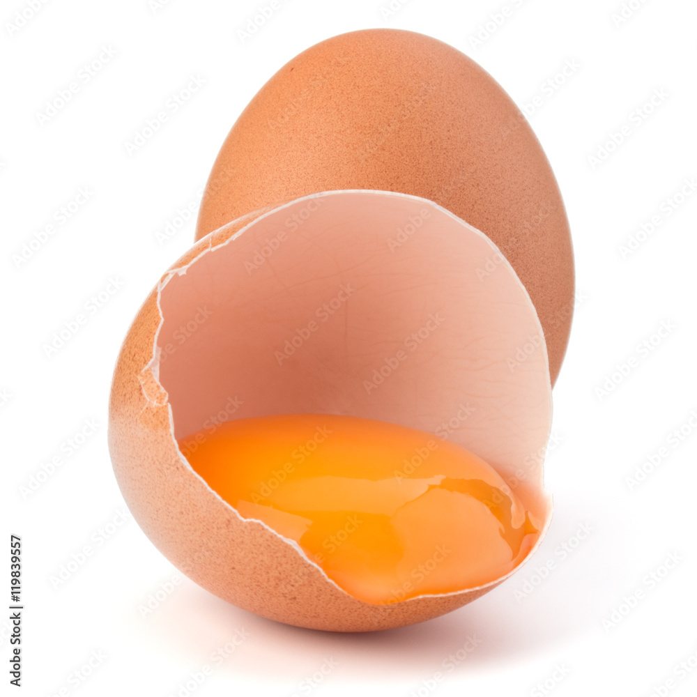 Broken egg in eggshell half and raw egg isolated on white backgr Broken egg in eggshell half and raw egg isolated on white backgr