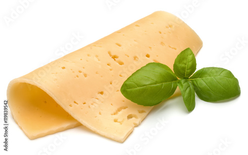 cheese slice and basil herb leaves isolated on white background