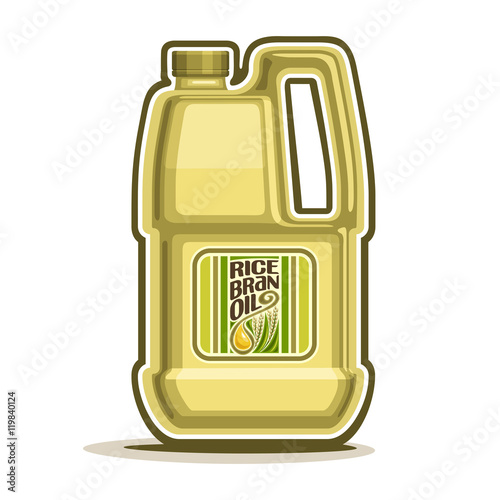 Vector logo big yellow plastic Bottle with Rice Bran Oil and label, gallon canister filled pure cooking oil, cartoon large container with viscous liquid with cap and handle, closeup isolated on white.