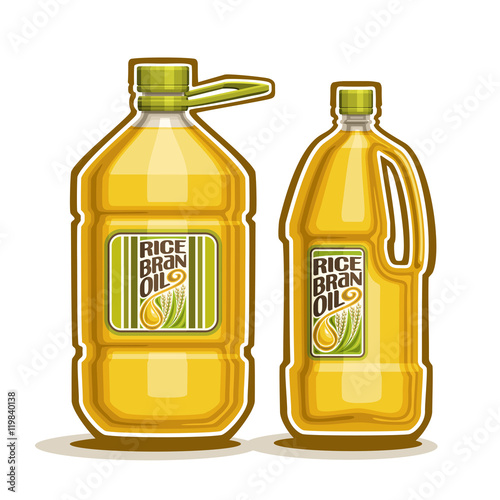 Vector logo 2 big yellow plastic Bottle with Rice Bran Oil and label, gallon canister filled pure cooking oil,cartoon large container with viscous liquid with cap and handle, closeup isolated on white