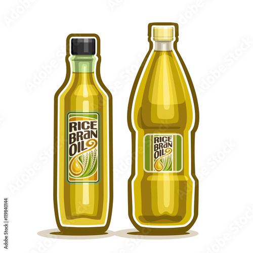 Vector logo 2 yellow plastic and glass Bottle with pure Rice Bran Oil and label, bottles refined virgin cooking oil, cartoon container with natural organic liquid with cap, closeup isolated on white.