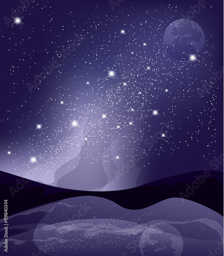 Stars in the sky with moon and lake. Vector background. Night la