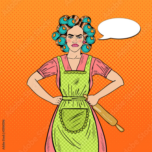 Angry Housewife Pop Art Woman Holding Rolling Pin. Vector illustration