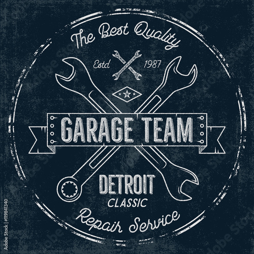 Garage service vintage tee design graphics, Detroit classic, repair service typography print. T-shirt stamp, teeshirt graphic, premium retro artwork. Use as emblem, logo on web projects. Vector