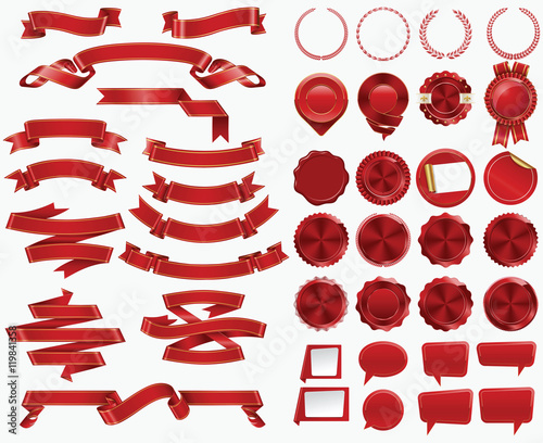 Set of Red Ribbons and Certificate Seals and Badges