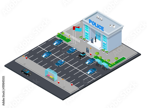 Isometric Police Department Building with Policeman and Police Car. Vector illustration