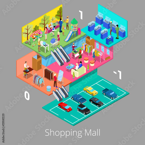 Isometric Shopping Mall Interior with Parking Floor Boutique and Clothes Store. Vector illustration