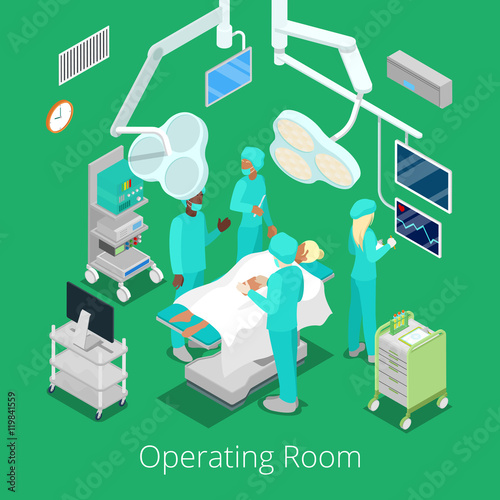 Isometric Surgery Operating Room with Doctors on Operation Process. Vector illustration