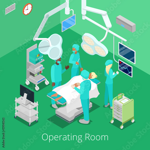 Isometric Surgery Operating Room with Doctors on Operation Process. Vector illustration