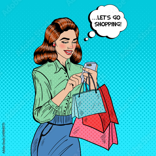 Happy Woman with Bags Using Smart Phone at Shopping. Pop Art Vector illustration
