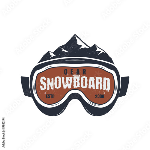Snowboarding goggles extreme logo and label template. Winter snowboard sport store badge. Emblem and icon. Mountain Adventure insignia, patch. Vector vintage bright palette. Retro design