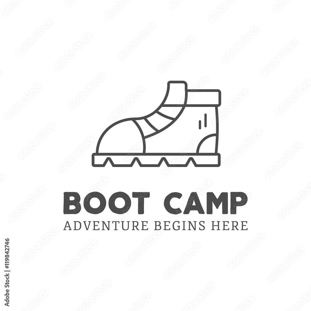 Camping adventure logo design with boot and typography elements. Vector text - boot camp. Backpacking symbol in retro style. Vector Monochrome. Nice for prints, tee design, web infographics Camping adventure logo design with boot and typography elements. Vector text - boot camp. Backpacking symbol in retro style. Vector Monochrome. Nice for prints, tee design, web infographics