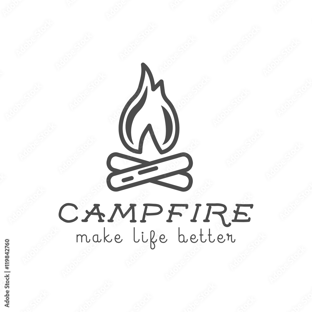 Fototapeta premium Camping logo design with typography and travel elements - campfire. Vector text - make life better. Hiking trail, backpacking symbols in retro flat colors. Nice for prints, monohrome tee design