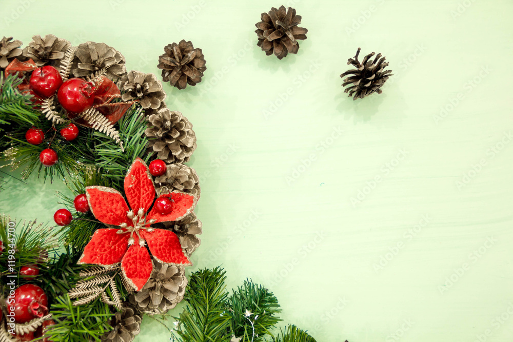 custom made wallpaper toronto digitalChristmas decorations Vintage Style. the concept of preparing for the holidays, turquoise shabby wooden table background. place for text, Top view, flat lay with copy space for slogan or text message.