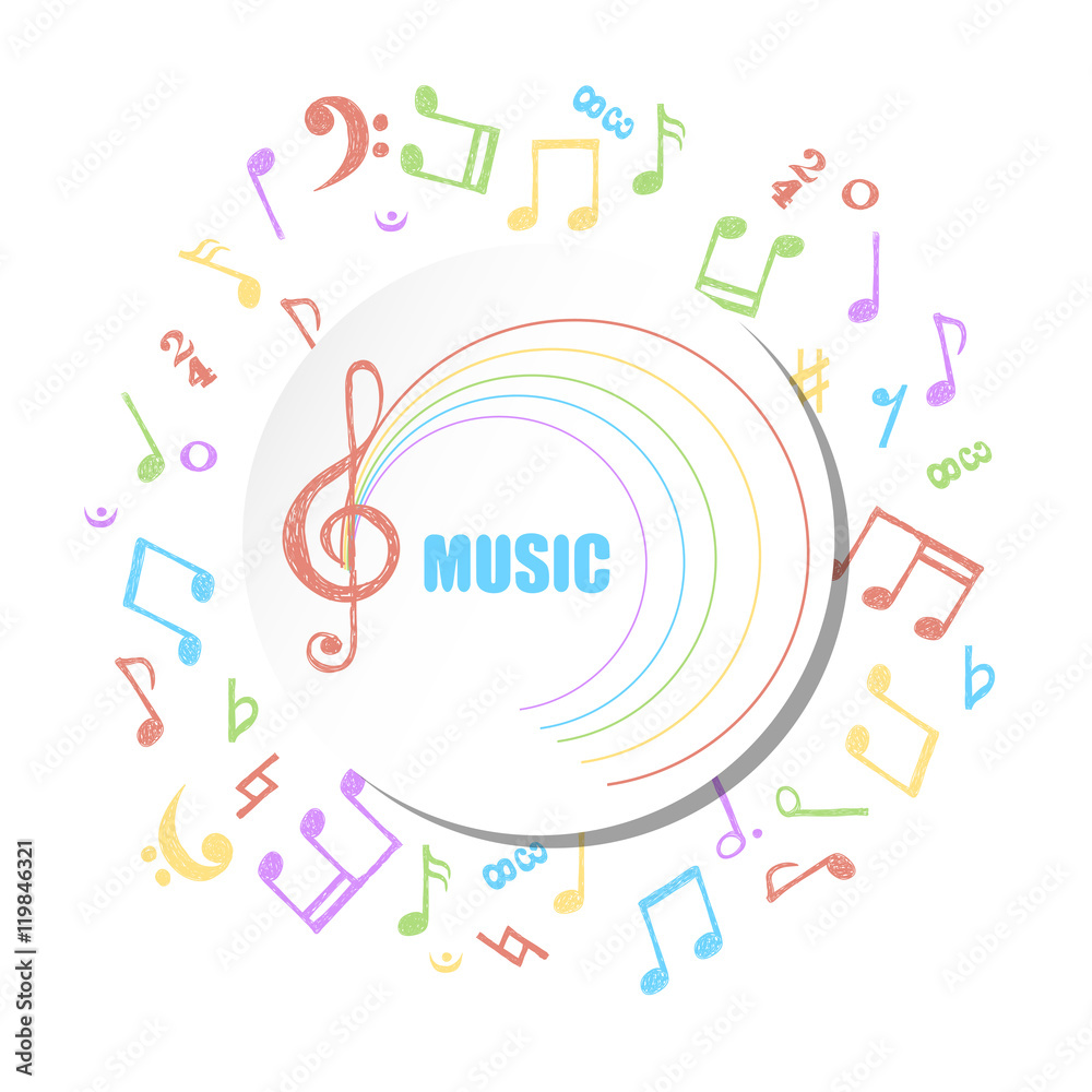 Colorful circle music background. Vector musical illustration with hand drawn notes. 