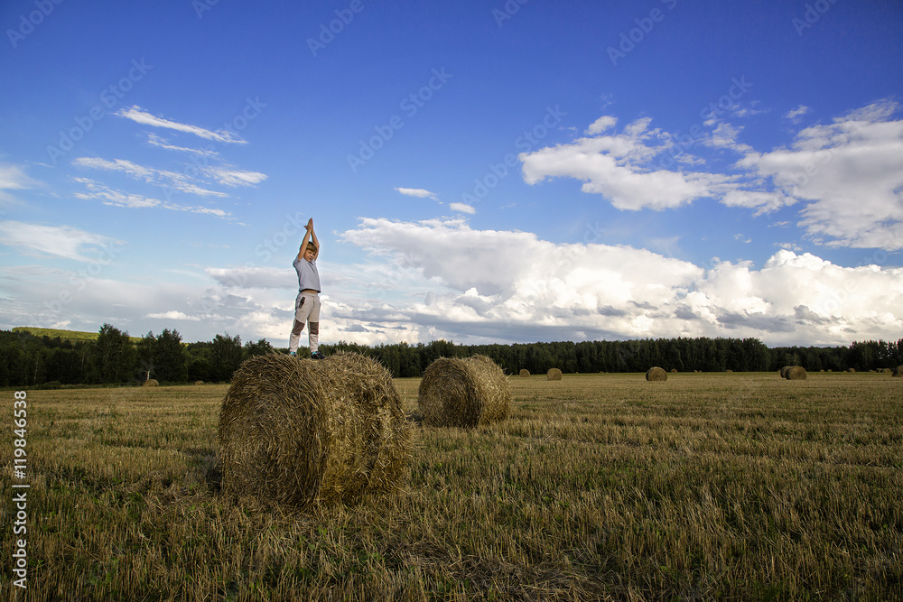 Smiling boy on a haystack on the background of blue sky StockFoto