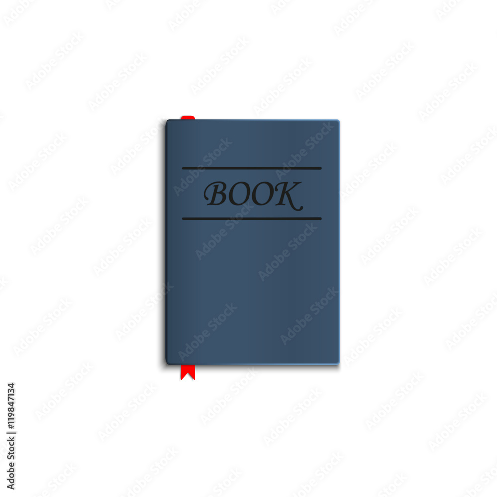 Book with red bookmark casts a shadow. Objects isolated on white background.
