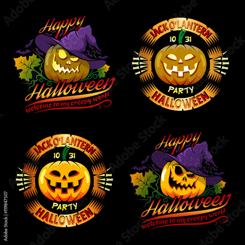 Halloween brightly colored pumpkin. Logos for Halloween. Textures are grouped and can be easily removed.