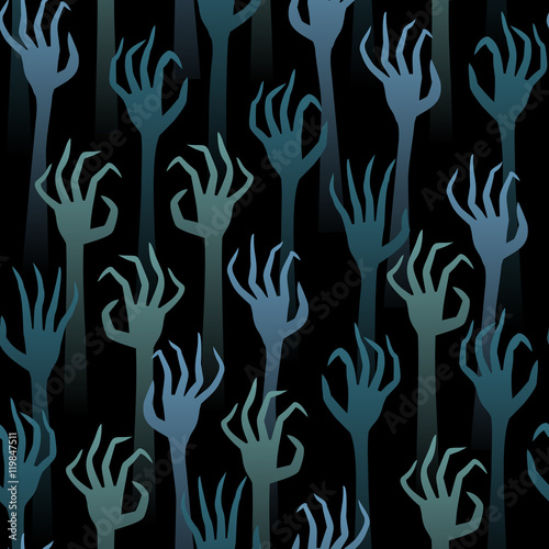 Seamless pattern dead hands on a dark background are drawn up. Suitable for Halloween Decorations.