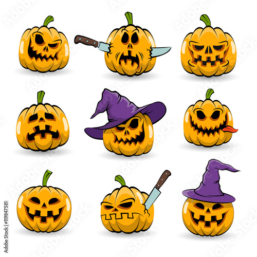 Colored isolated halloween pumpkins with different emotions in witch hat and without. Vector illustration.