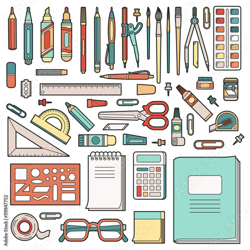 School stationery. Set of office objects. Vector illustration.