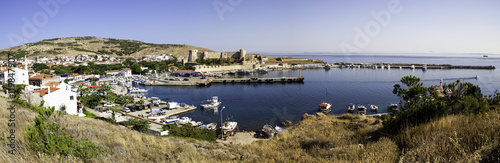 Panoramic view of Bozcaada Island and Tenedos medieval castle, wide angle. photo