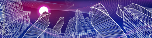 Business building, night city panorama, urban scene, infrastructure illustration, neon waves, modern architecture, skyscrapers, airplane flying, vector design art