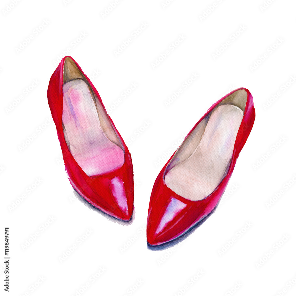 Shoes womens red. Isolated on white background. Watercolor illustration. 