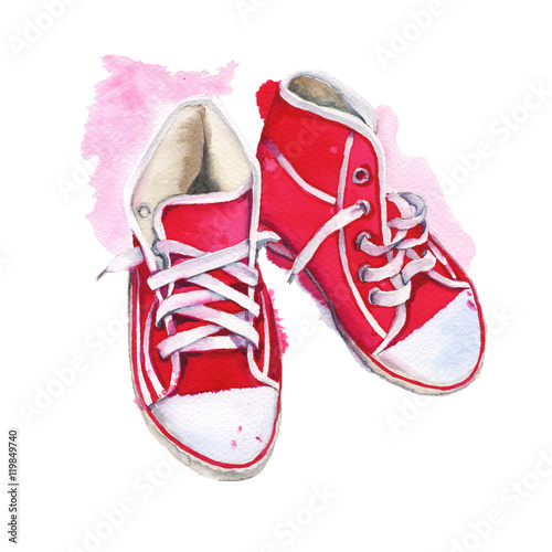 Sneakers red. Isolated on white background. Watercolor illustration. 