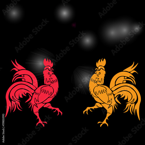 Two cocky rooster, red and yellow on a background of cock constellation . Chinese Horoscope - Rooster. Chinese New Year.