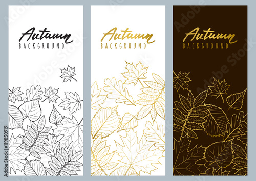 Set of fall banners with black and golden outline autumn leaves. Vector autumnal illustrations and calligraphy lettering. Design elements for poster, banner, flyer backgrounds.