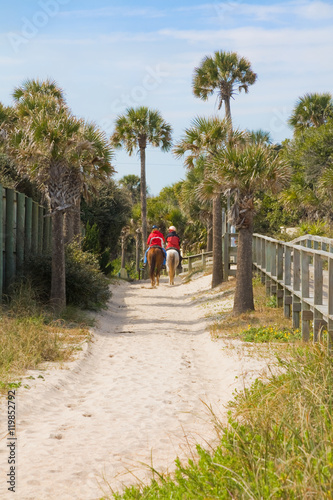 Two women on horseback, Ponte Vedra Beach, Florida, USA