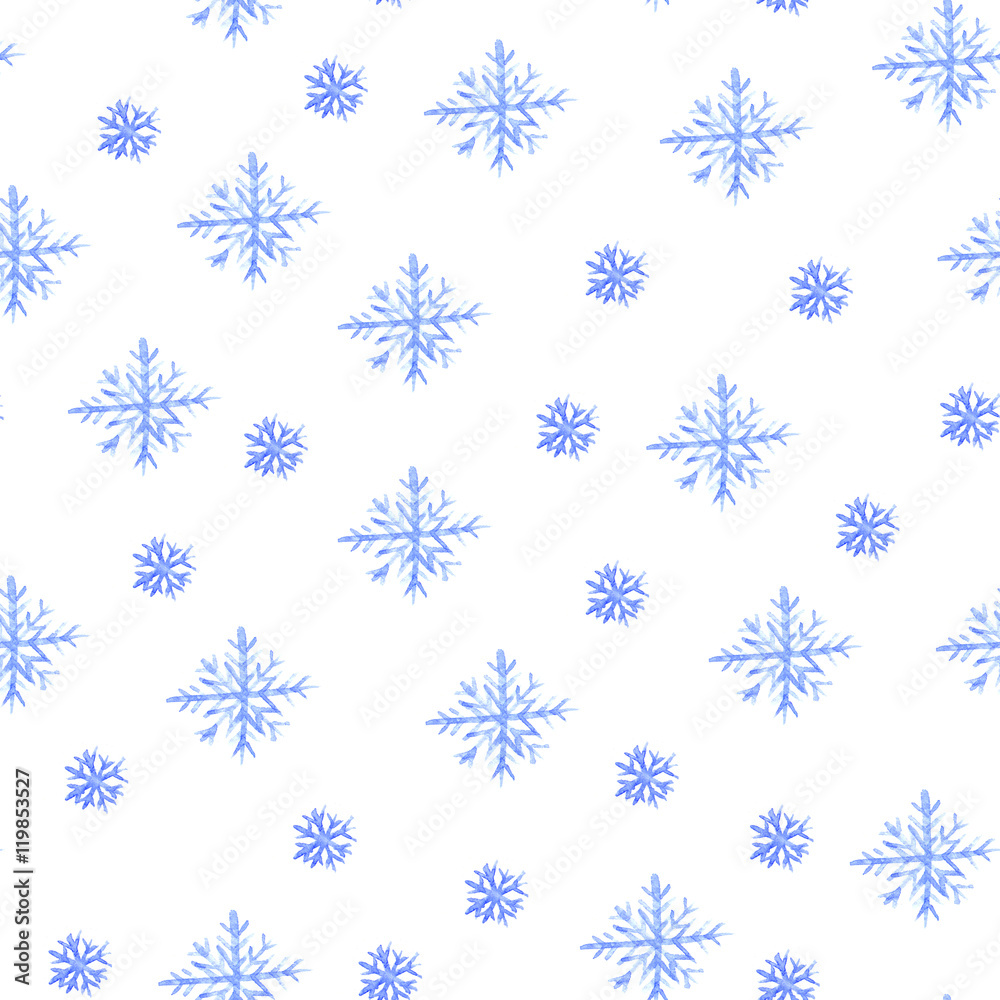 Seamless christmas pattern with watercolor blue snowflakes