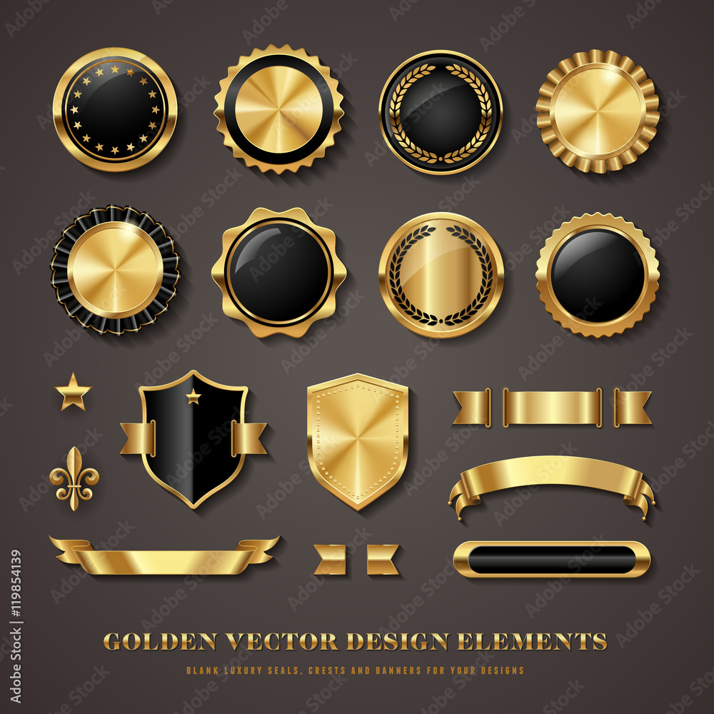 collection of black and golden design elements - shields, labels, seals, banners, badges, scrolls and ornaments - obrazy, fototapety, plakaty 