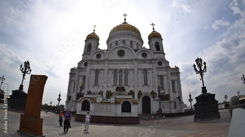 The clouds floating over the Cathedral of Christ the Saviour. Fisheye. Time-lapse. UHD - 4K. August 30, 2016. Moscow. Russia