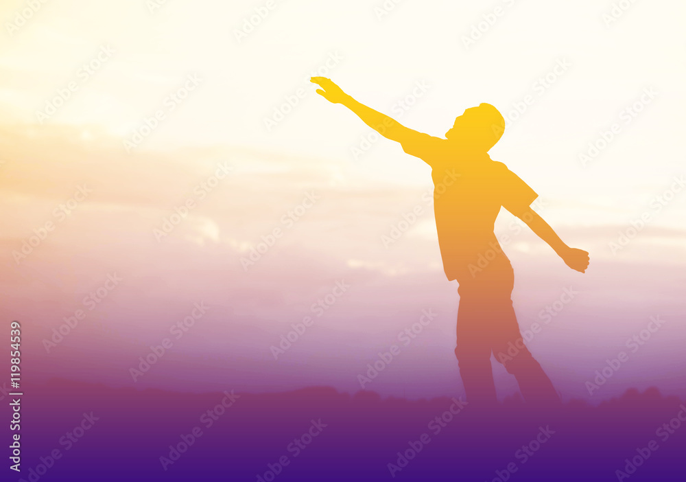 Happy man jumping, blue sky on background