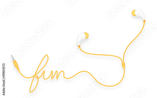 Earphones, In Ear type orange yellow color and fun text made from cable isolated on white background, with copy space