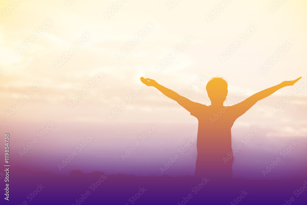 cheering woman open arms at sunrise flowers garden,Nature of Lif