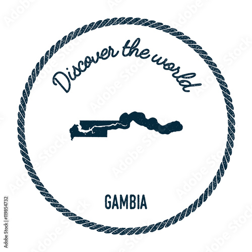 Vintage discover the world rubber stamp with Gambia map. Hipster style nautical postage stamp, with round rope border. Vector illustration.