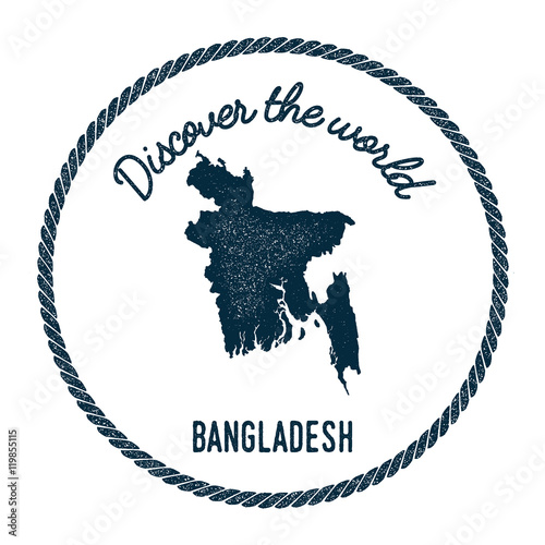 Vintage discover the world rubber stamp with Bangladesh map. Hipster style nautical postage stamp, with round rope border. Vector illustration.