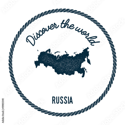 Vintage discover the world rubber stamp with Russian Federation map. Hipster style nautical postage stamp, with round rope border. Vector illustration.